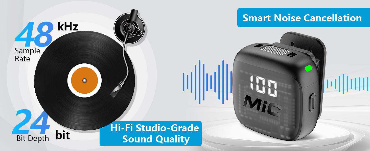 Text reads "48 kHz", "24 bit", "Hi-Fi Studio-Grade Sound Quality", and "Smart Noise Cancellation". Vinyl record with orange label and compact digital audio device with LED display shown side-by-side, demonstrating audio specifications.