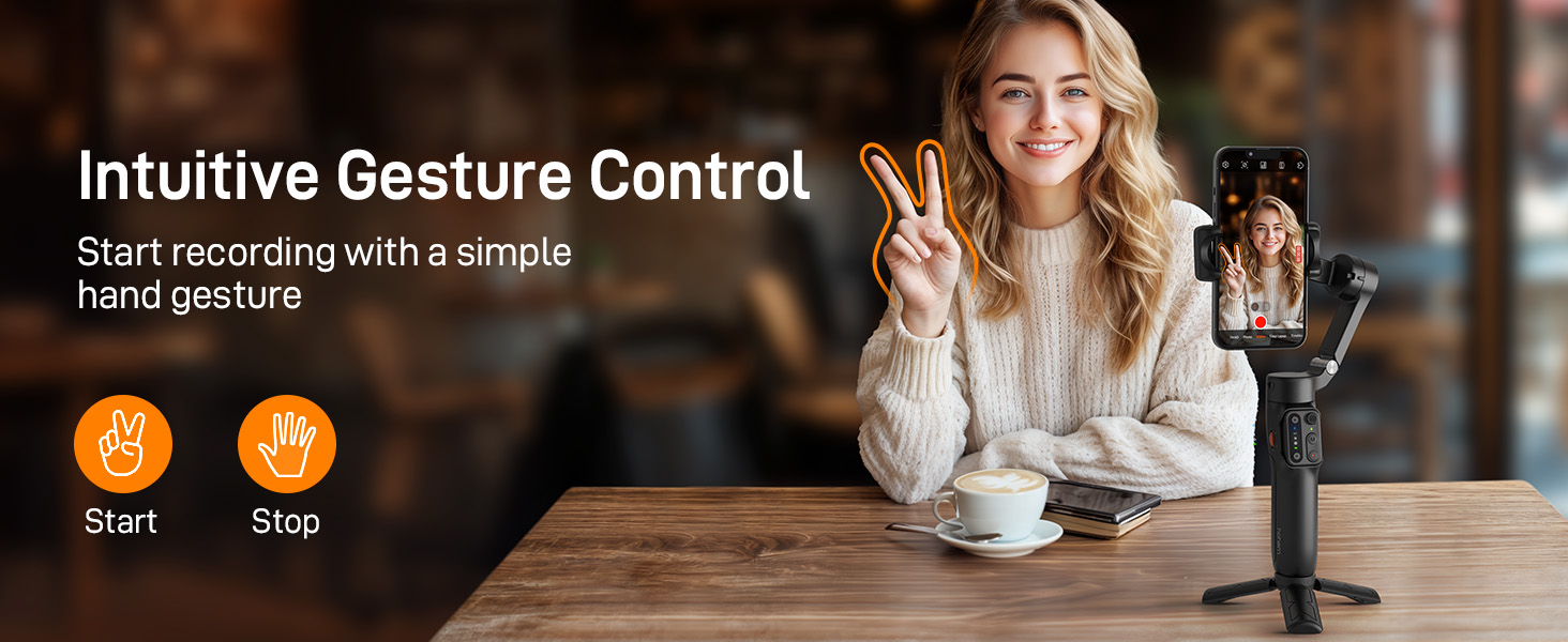 Text reads 'Intuitive Gesture Control'. Product demonstration setup with lighting equipment and control interface on desk surface.
