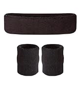 Suddora Black Sweatband Set - (1 Headband and 2 Armbands) - Athletic Cotton Terry Cloth Sweatband...