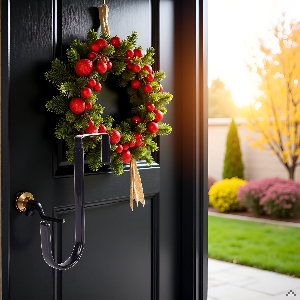 A rustic wooden table with a festive wreath made of natural elements like pinecones, berries, and gr