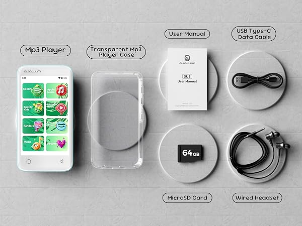 Box contents: MP3 player, clear case, user manual, USB-C data cable, wired headset, MicroSD card.