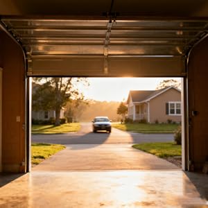 View from inside a garage showing a car approaching, highlighting the remote&amp;#39;s long 150ft range.