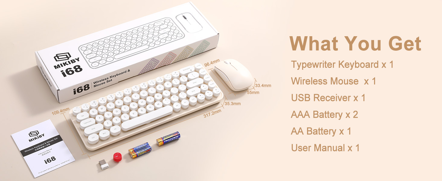 i68 Wireless Typewriter Keyboard and Mouse Combo