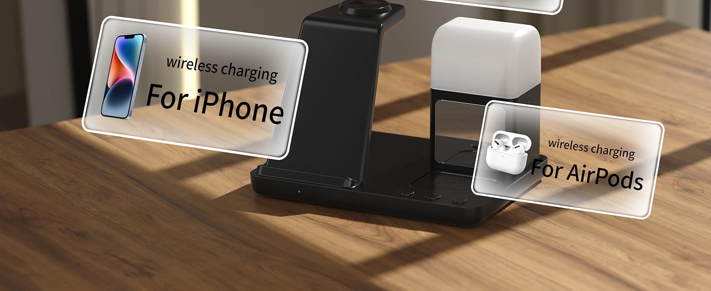 Wireless Charger for iPhone, 6in1 Fast Phone Charger Stand Dock Alarm Clock Night Light