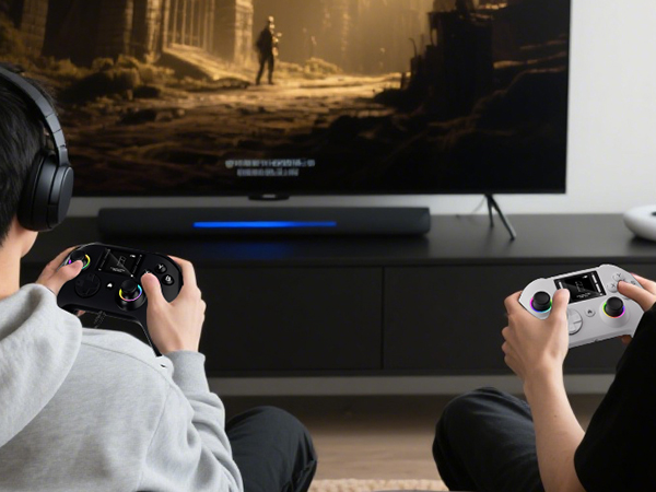Two people playing PS4 games on the living room TV with game controller