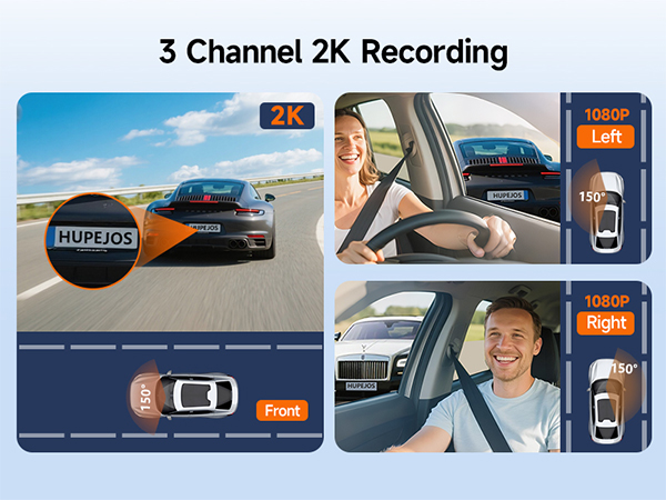 Text reads: '3 Channel 2K Recording'. Multi-panel display of vehicle recording system showing front, interior, and side camera views with interface indicators.