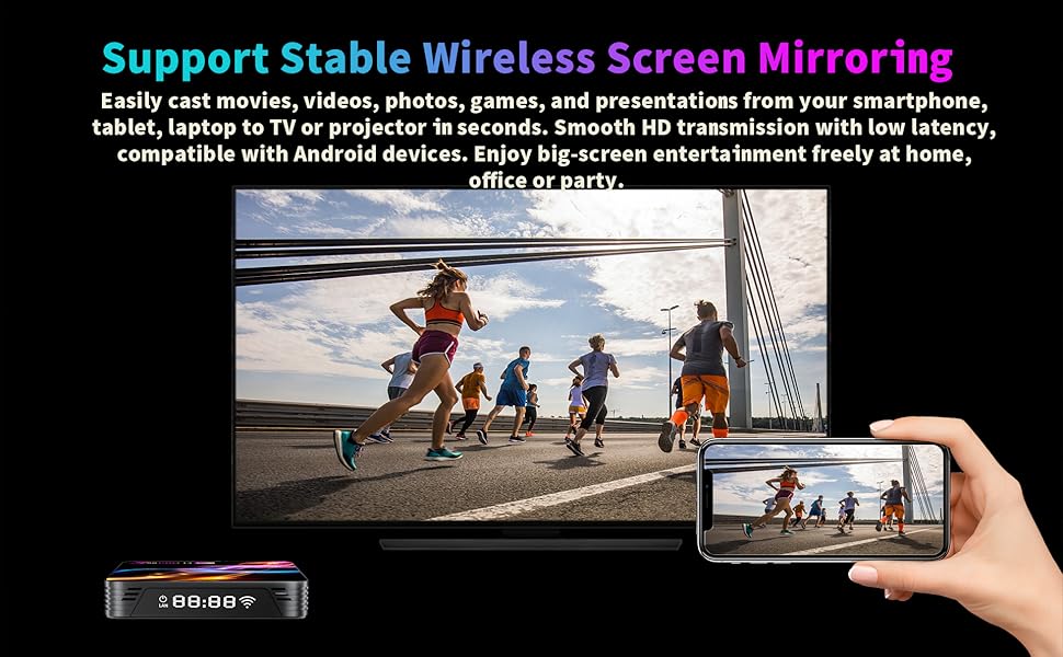 Text reads 'Support Stable Wireless Screen Mirroring'. Demonstrates smartphone screen being mirrored to larger display showing outdoor scene.