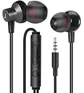 Black wired earbuds with in-line control module shown from multiple angles. Features metallic accents and standard 3.5mm audio connector.