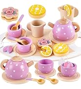 BUYGER Kids Wooden Tea Party Set for Little Girls Toddler Pretend Play Food Kitchen Accessories P...