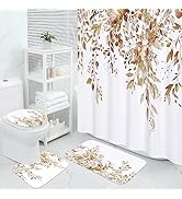MitoVilla 4 Pcs Brown Plant Leaves Bathroom Sets with Shower Curtain and Rugs, Rustic Floral Show...
