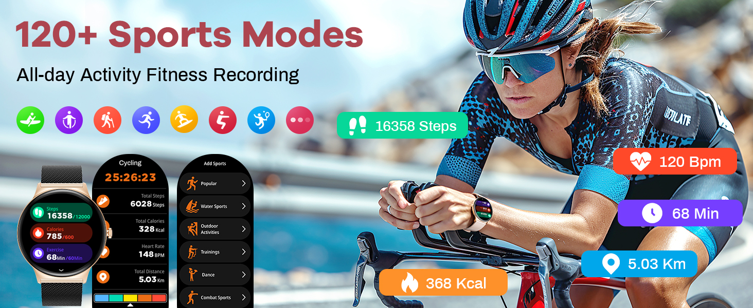 Smartwatch interface displaying multiple sports modes and fitness metrics, including distance, heart rate, and activity tracking icons.