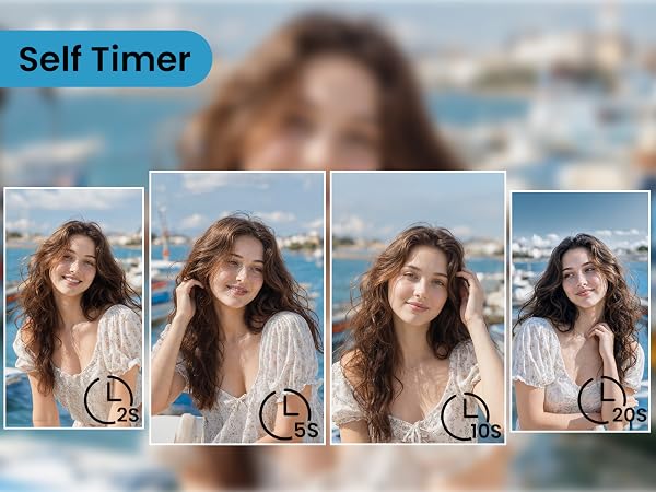 Text reads 'Self Timer'. Smartphone camera interface showing four sequential selfie photos of a woman with curly hair against a cloudy sky backdrop, each displaying a timer icon in the corner.