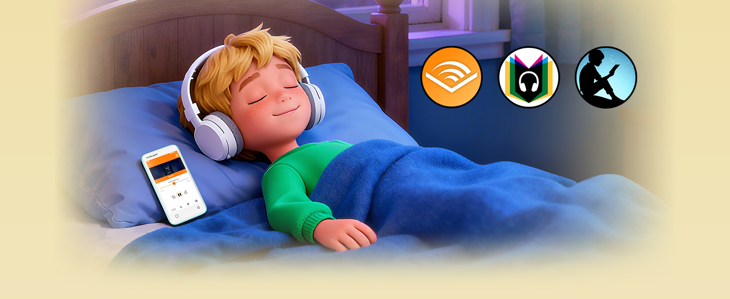 A sleeping boy with headphones listens to music on a smartphone in a cozy bedroom.