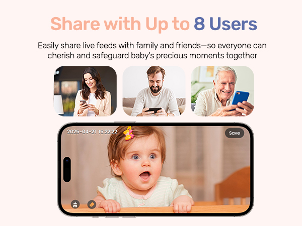 Text reads 'Share with Up to 8 Users' and 'Easily share live feeds with family and friends - so everyone can cherish and safeguard baby's precious moments together'. Shows smartphone displaying baby monitoring app interface.