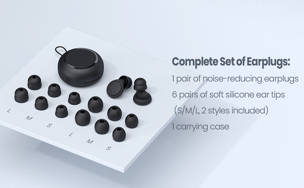 Text reads 'Complete Set of Earplugs:'. Display of multiple black silicone ear tips in various sizes arranged on white surface with carrying case.