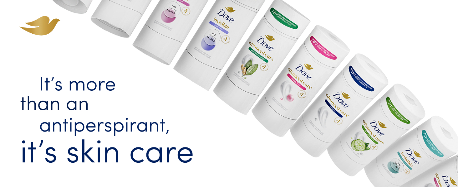 Full range of Dove&amp;#39;s Advanced Care Antiperspirant Deodorant next to text about skin care.