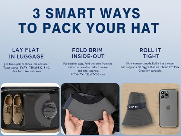 3 ways to pack TOP-EX sun hat—lay flat, fold brim inside-out, or roll tightly for travel