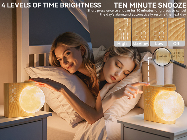 Text reads '4 LEVELS OF TIME BRIGHTNESS TEN MINUTE SNOOZE'. Bedroom scene showing warm lighting with multiple illumination settings, demonstrating adjustable brightness levels for bedtime use.