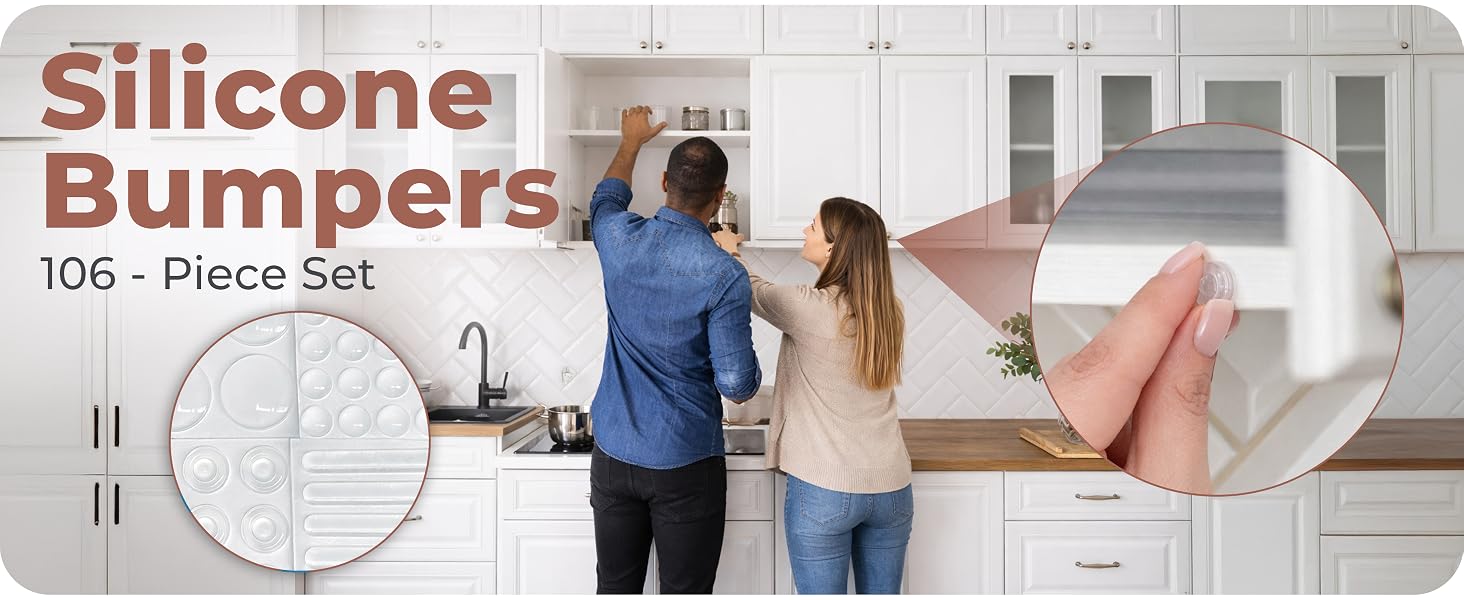 Bampix 106 pack cabinet door bumpers with authentic 3M premium adhesive, topes de silicona 3M.
