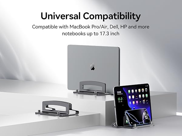 Universal compatibility-vertical computer stand fits MacBook Pro/Air, Dell, HP, and most notebooks