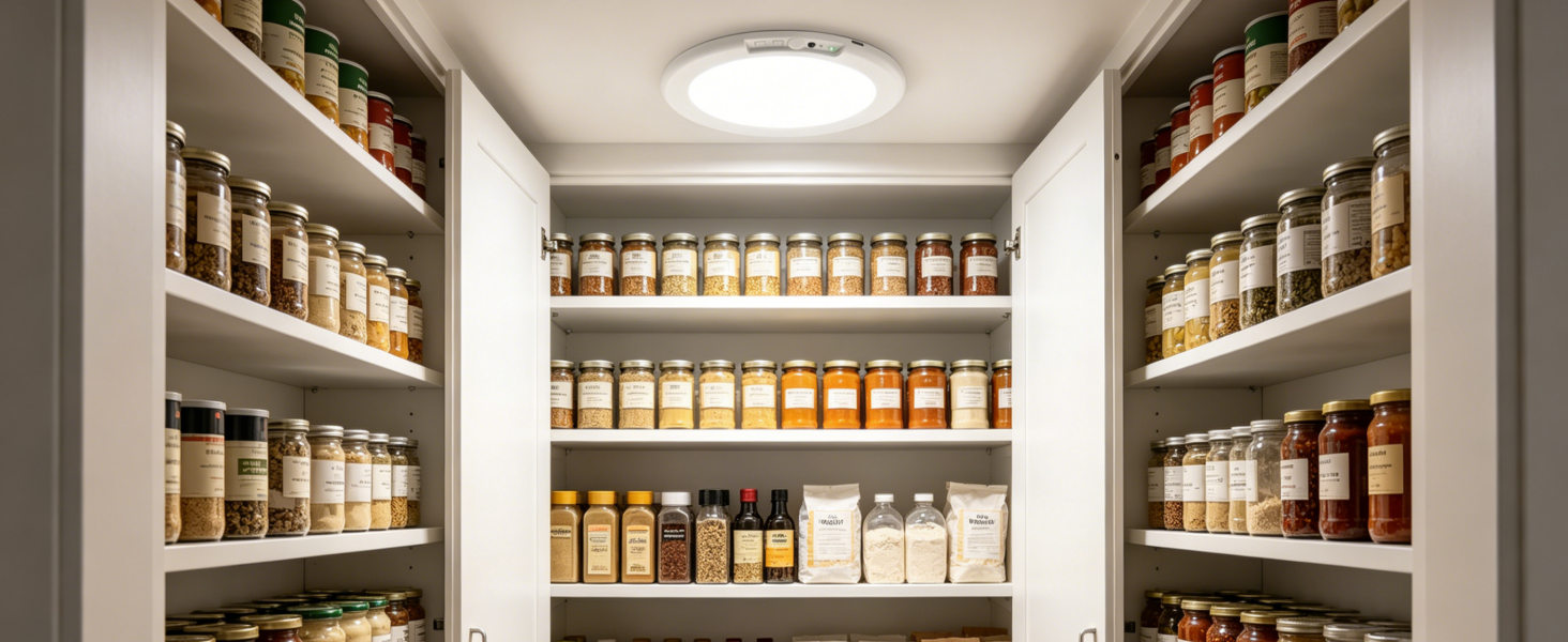A ceiling light is installed in the storage room