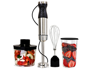 Kenmore immersion blender, chopper and whisk attachments, and beaker with lid on a white background