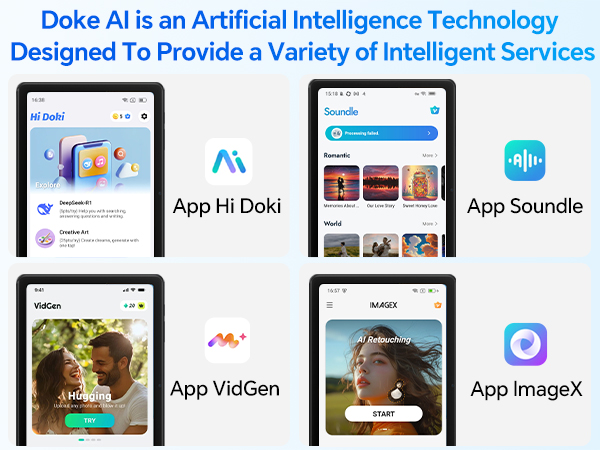 Text reads 'Dove AI is an Artificial Intelligence Technology Designed To Provide a Variety of Intelligent Services'. Series of mobile app interface screenshots showing various AI application features.