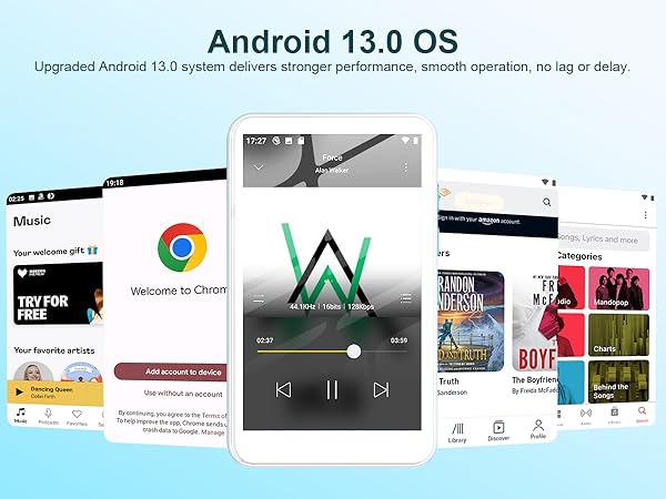 Text reads 'Android 13.0 OS' and 'Upgraded Android 13.0 system enhances stronger performance, smooth operation, no lag or delay.' Screenshots showing various Android interface screens and features.