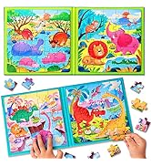 Magnetic Puzzles for Kids Ages 3-5, Two-Book Set, Dinosaur Animal Jigsaw Puzzle Magnet Books Trav...