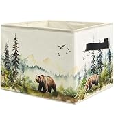 WARDOS Forest Brown Bear Nursery Storage Bin Box with Handles, Watercolor Wild Animal Bear Foldab...