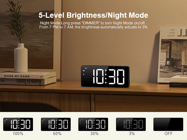 Digital Alarm Clock, LED Bedroom Clock with Bluetooth Sync Time