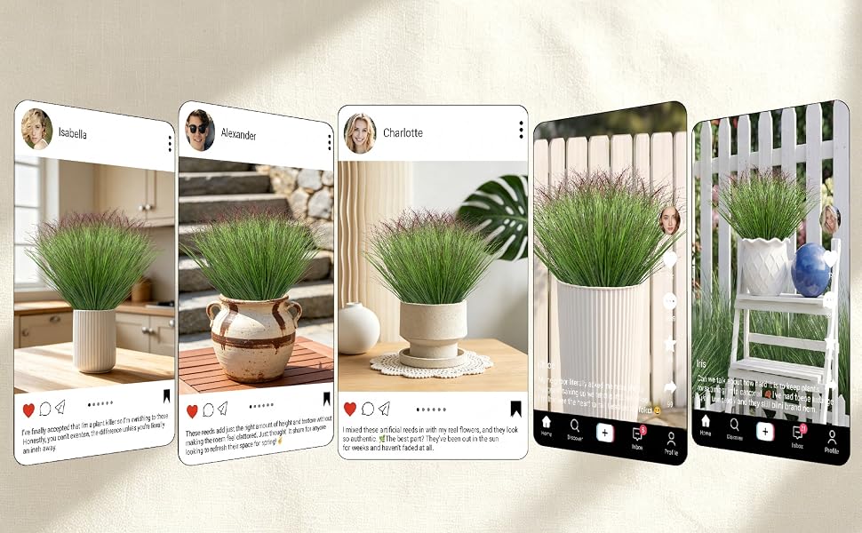 showing customer photos of artificial reed grass in home and outdoor spaces
