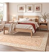 Goideal Floral Bedroom Rug 4x6, Peach Washable Area Rug Non Slip, Boho Low Pile Carpet with Rubbe...