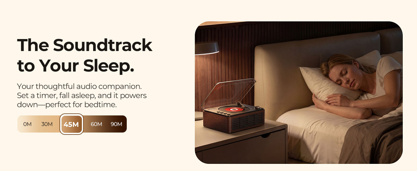 Text reads 'The Soundtrack to Your Sleep' with tagline about audio companion and sleep quality. Dark ambient bedroom scene with glowing device, person sleeping peacefully on pillow.