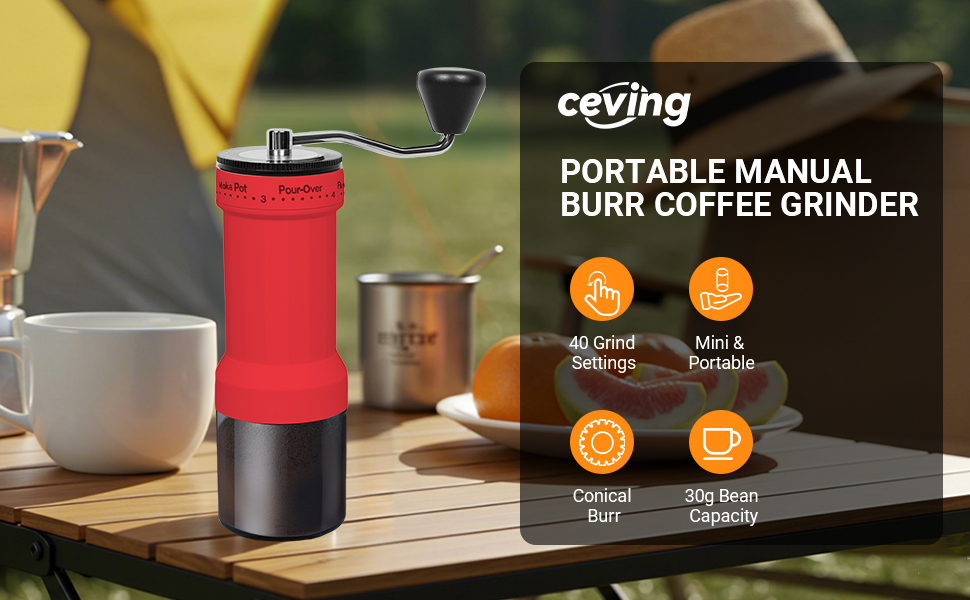 coffee grinder portable manual travel camping ceramic burr beans powder red