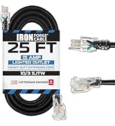 Iron Forge Cable 25 ft Lighted Outdoor Extension Cord - 10/3 SJTW Heavy Duty Black Extension Cabl...