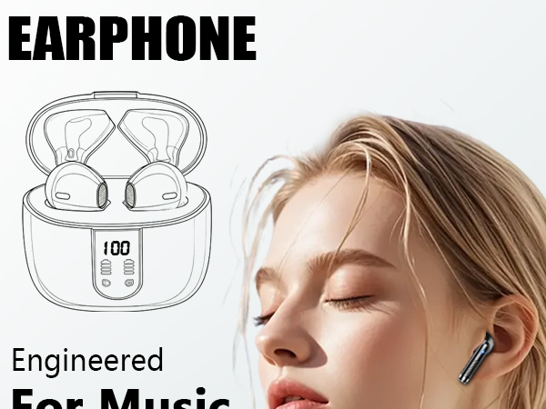Text reads 'EARPHONE' and 'Engineered For Music'. Shows wireless earbuds illustration and partial product image with minimalist design elements.