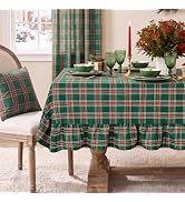 Softalker Christmas Ruffle Checkered Tablecloth Rectangle - Green Buffalo Plaid Linen Cotton Ging...