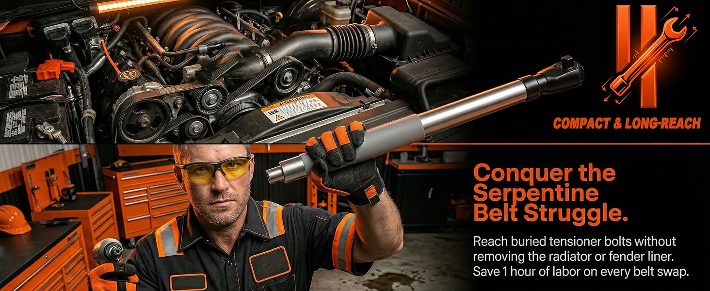 Conquer serpentine belts: Long-reach tool saves 1 hour on every swap. Compact &amp;amp; powerful.