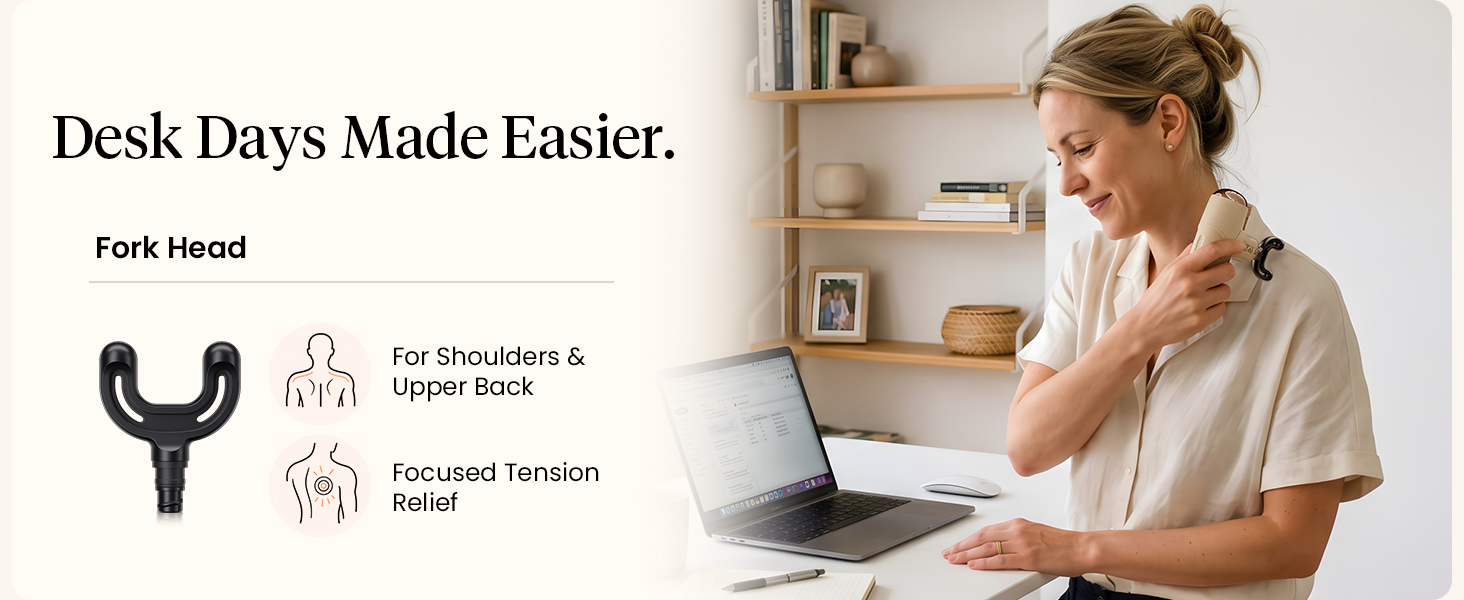 Woman at a desk uses the fork head on her shoulder beside a laptop and attachment image.