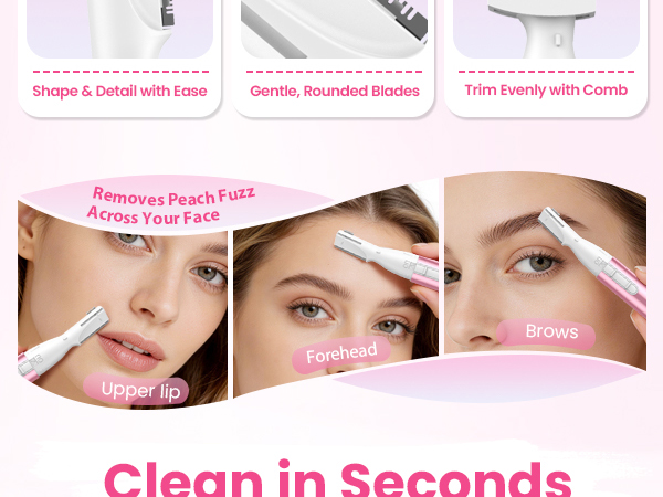 Eyebrow trimmer removing facial hair from upper lip, forehead and brows