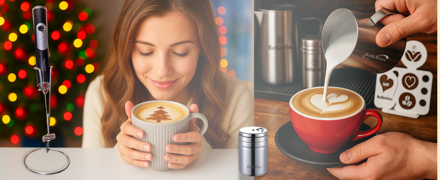 Frother on stand, woman enjoying latte with tree art, milk poured into red cup.