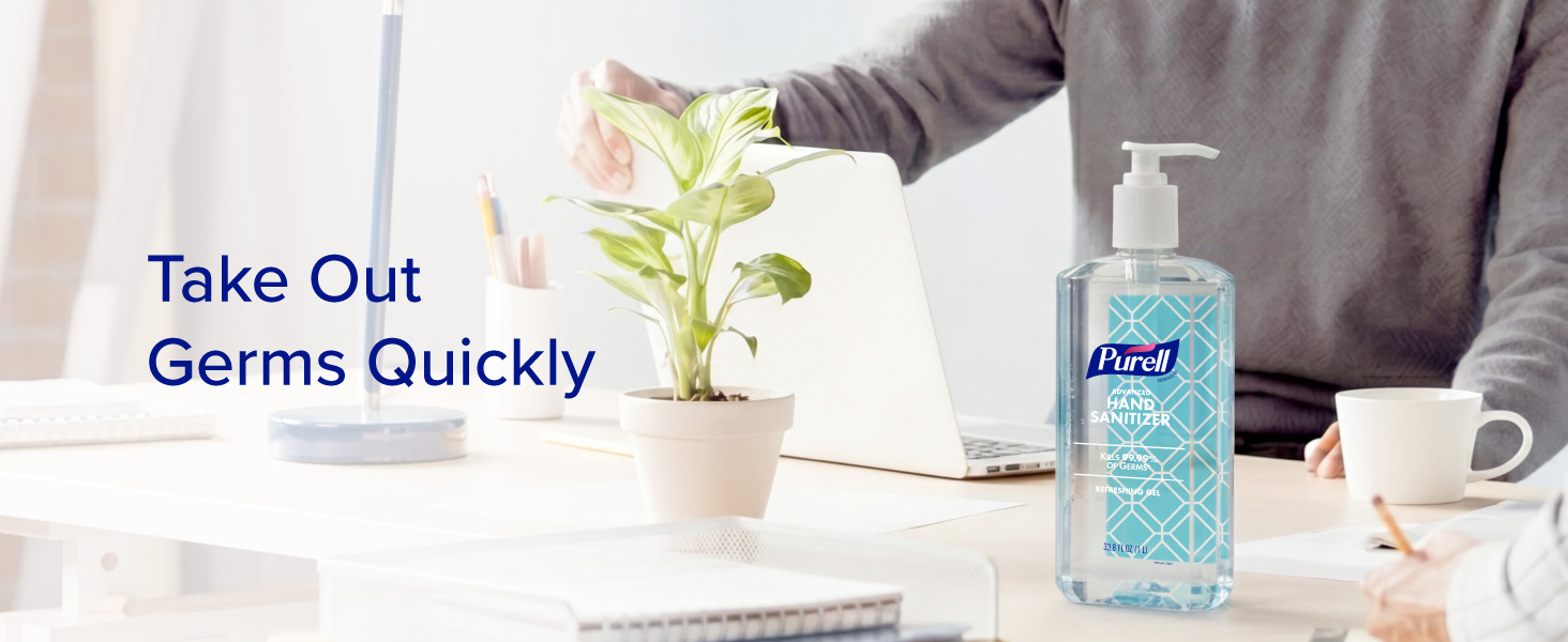Image of a Purell hand sanitizer bottle on a desk