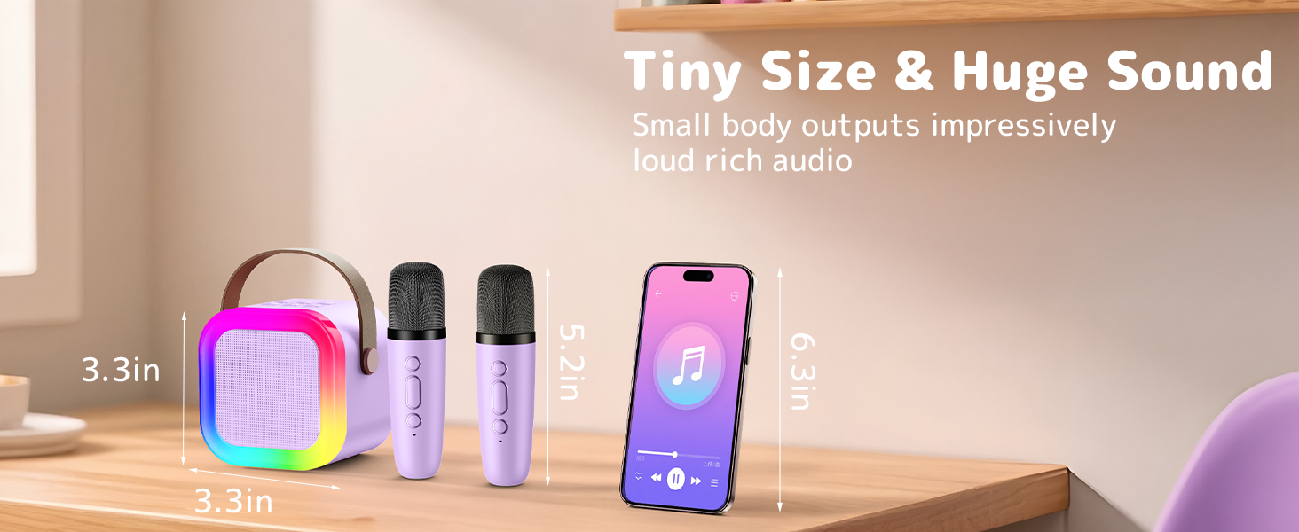 Text reads 'Tiny Size &amp; Huge Sound'. Display of small electronic devices, possibly speakers or phones, arranged on wooden surface.