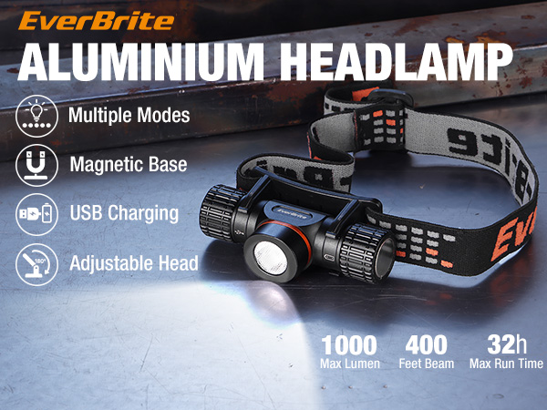 EverBrite rechargeable headlamp has 5 modes, magnetic base, max 1000lm
