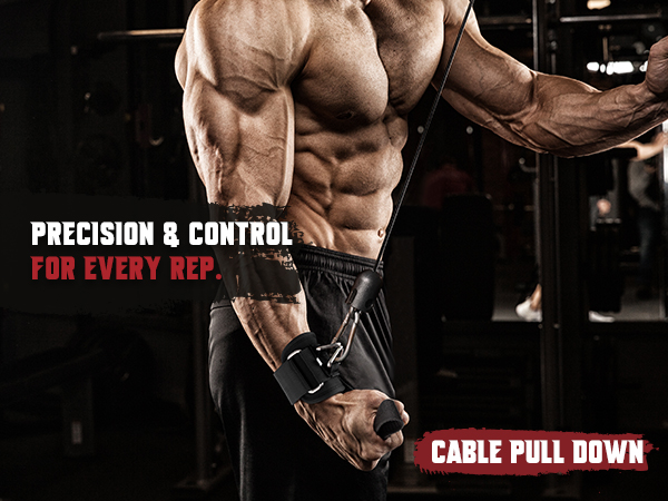 Muscular man using the lifting straps wrist cuffs during a cable pull-down exercise.