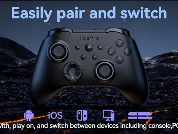 Text reads 'Easily pair and switch'. Xbox gaming controllers shown in black with interface elements demonstrating wireless connectivity and device pairing features.