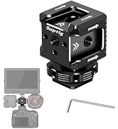 Black cube-shaped camera mounting accessory with multiple threaded holes and arrow markings. Includes a hex key and diagram showing attachment to camera and monitor.