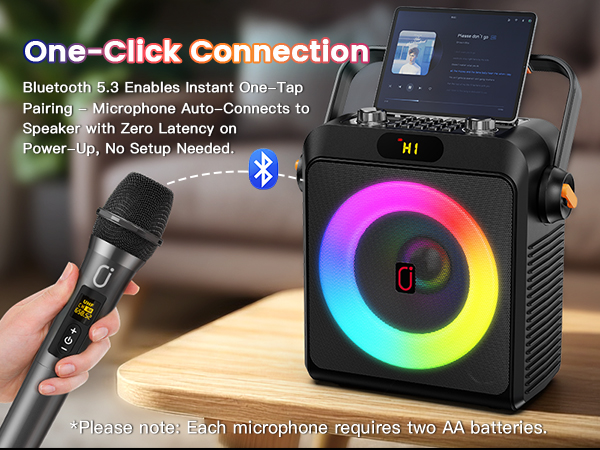 Once the microphone is turned on, it can be connected to the karaoke machine with one click.