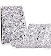 Ribbli Silver Glitter Wired Ribbon for Christmas Tree Diamond Sparkling Ribbon 2.5 Inch x 10 Yard...